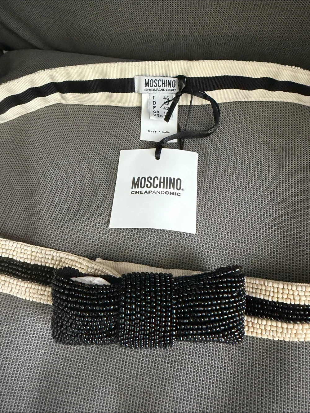 Rare vintage Moschino Black & Cream Beaded Bow Elastic Waist Belt 12